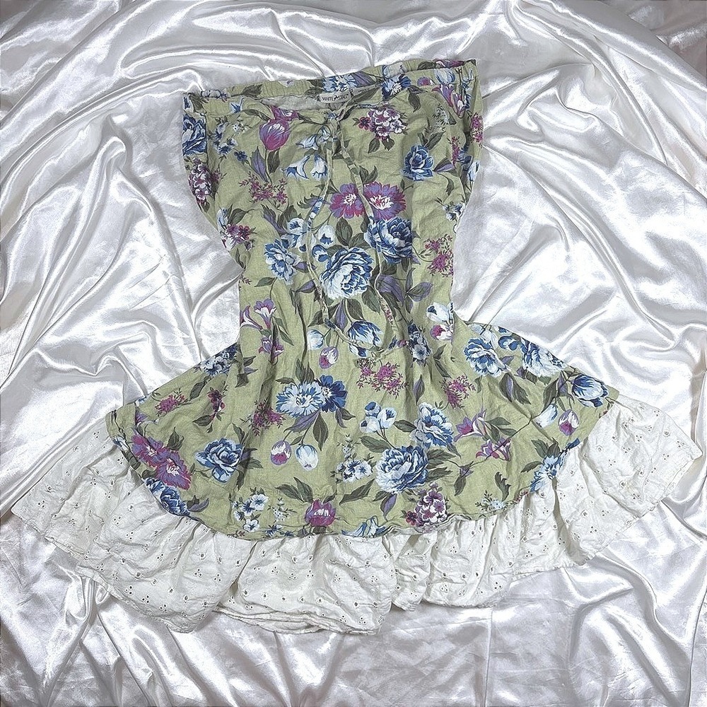 Vintage White Stag Skirt Green Floral Excellent Linen Blend Eyelet Lace Hem L